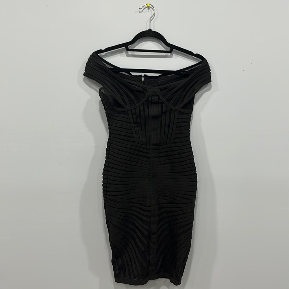 Off the shoulder bandage mini sheer dress with corset detailing